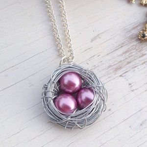 Silver Nest Necklace with Purple Beads